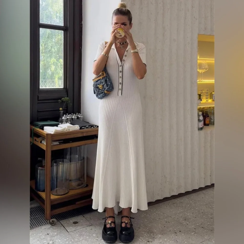 White Ribbed Maxi Dress with Buttons - Picture 8 of 16